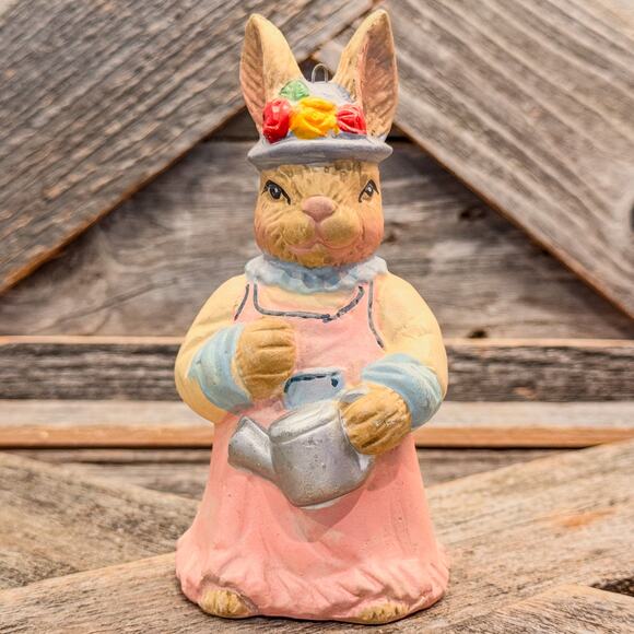 Vintage Anthropomorphic Ceramic Bisque Easter Bunny Ornament w Watering Can, 5"H - Picture 1 of 8